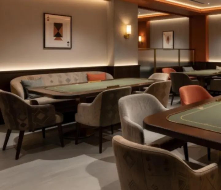 Kameralna sala Card Lounge z wydzielonymi poker tables i miękkim oświetleniem