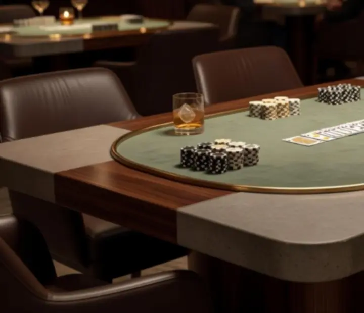 Elegancki poker table w przyciemnionym świetle, z kartami, żetonami i kieliszkami koktajli