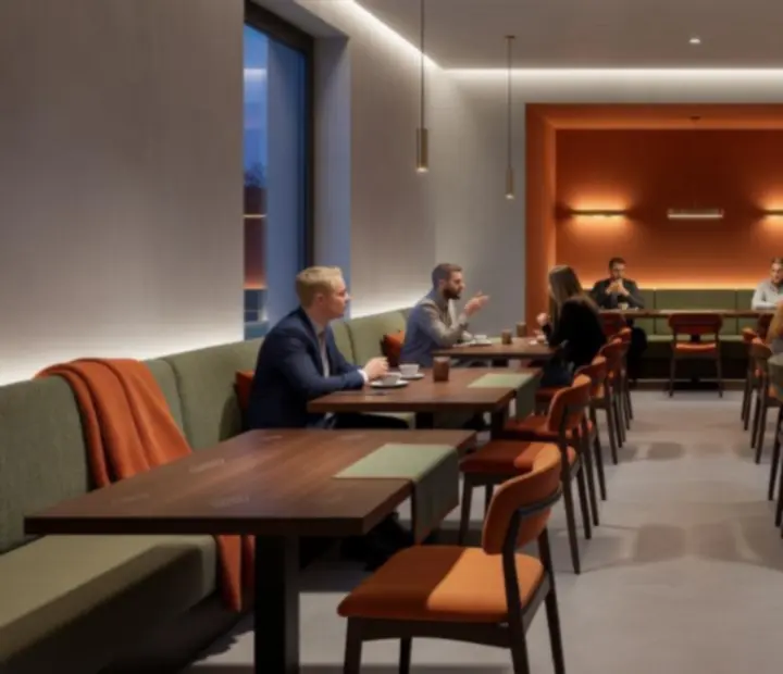 Współczesne wnętrze restauracji Wonderstar s. r. o. z betonowymi i drewnianymi akcentami