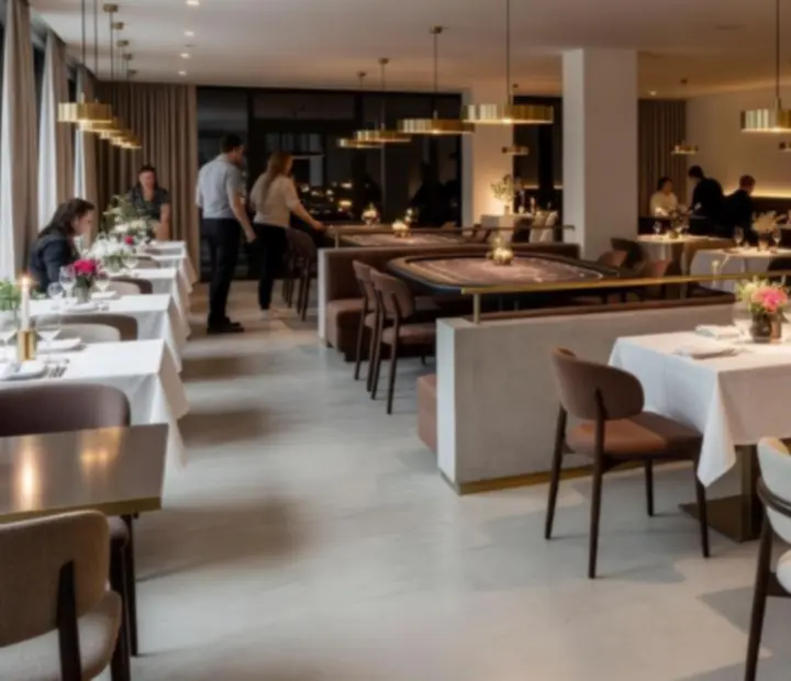 Ciepłe wnętrze restauracji z wydzieloną strefą pokerowych stołów