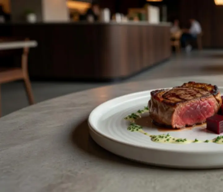 Stek z młodej wołowiny z pieczonym burakiem i emulsją ziołową w restauracji Wonderstar s. r. o.